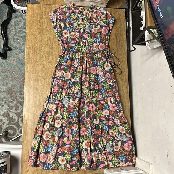 Hermoza greatshape linen navy flora flower print multi color maxi belt dress - Picture 3 of 7